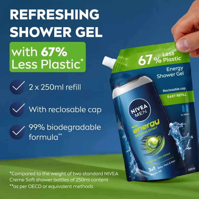 Nivea MEN Energy Gel de duș pentru bărbați rezervă 500 ml