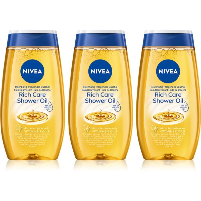 Nivea Rich Care ulei de dus pentru piele uscata 3 x 200 ml