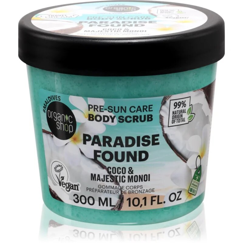 Organic Shop Paradise Found Coco & Majestic Monoi exfoliant pentru corp pentru un bronz frumos și o piele sănătoasă 300 ml
