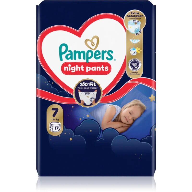 Pampers Night Pants Size 7 scutece de unică folosință tip chiloțel pentru noapte 15+ kg 17 buc