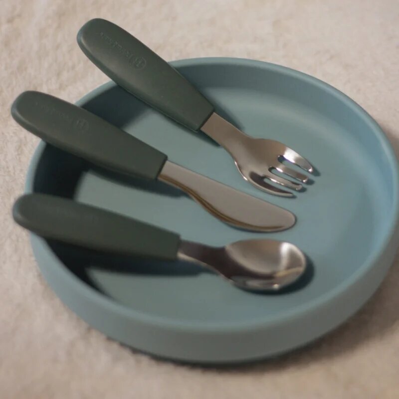 Petite&Mars Take&Match Stainless Steel Cutlery Set tacâmuri pentru copii Dusty Rose 12m+ 3 buc