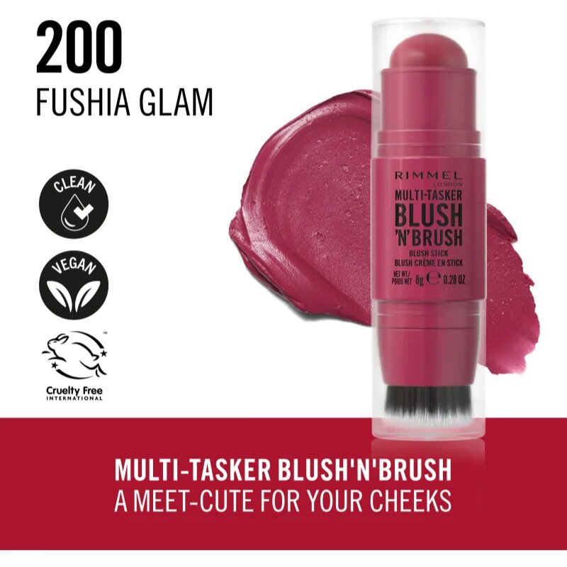 Rimmel Multi-Tasker Blush'N'brush blush stick cu pensulă culoare 200 Fushia Glam 8 g