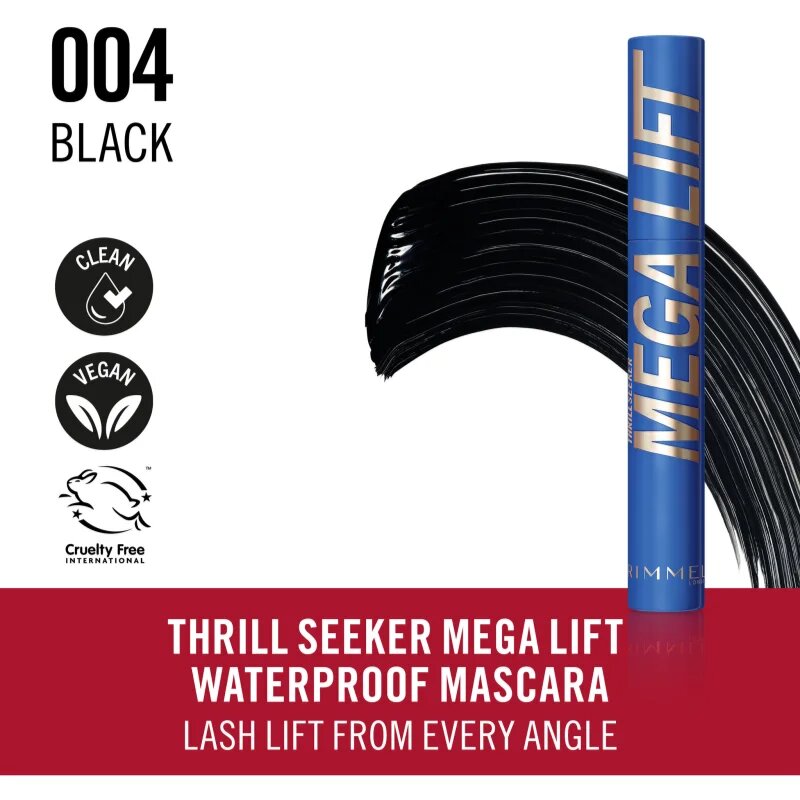 Rimmel Thrill Seeker Mega Lift mascara rezistent la apă pentru curbare și volum culoare 004 Waterproof Black 10 ml