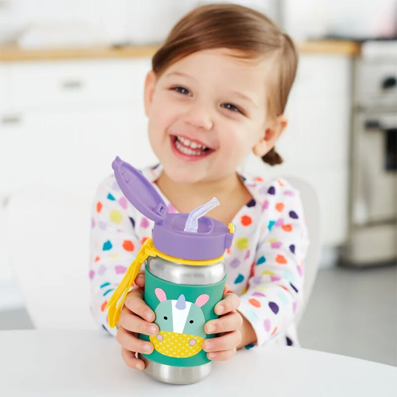 Skip Hop Zoo Straw Bottle sticlă inoxidabilă pentru apă cu pai Unicorn 12 m+ 1 buc