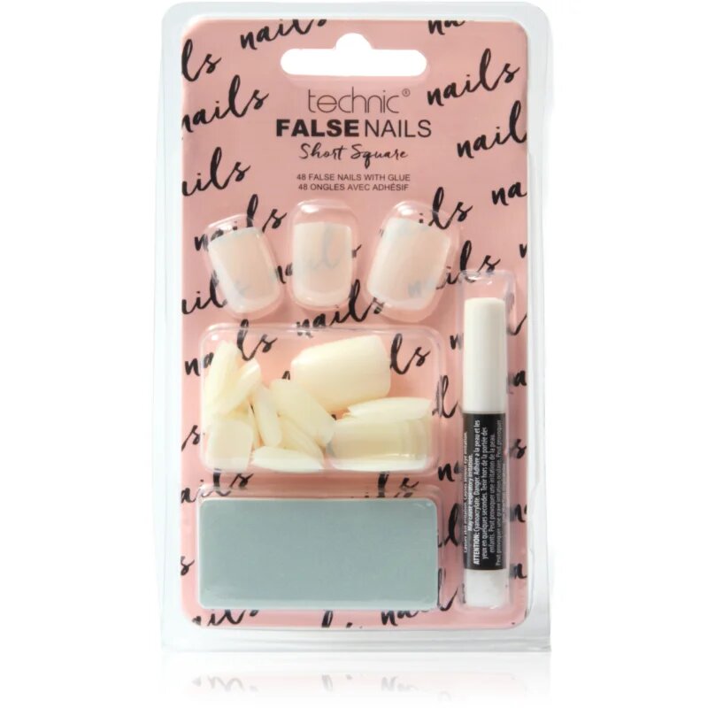 Technic Cosmetics False Nails Short Square unghii artificiale cu lipici 48 buc