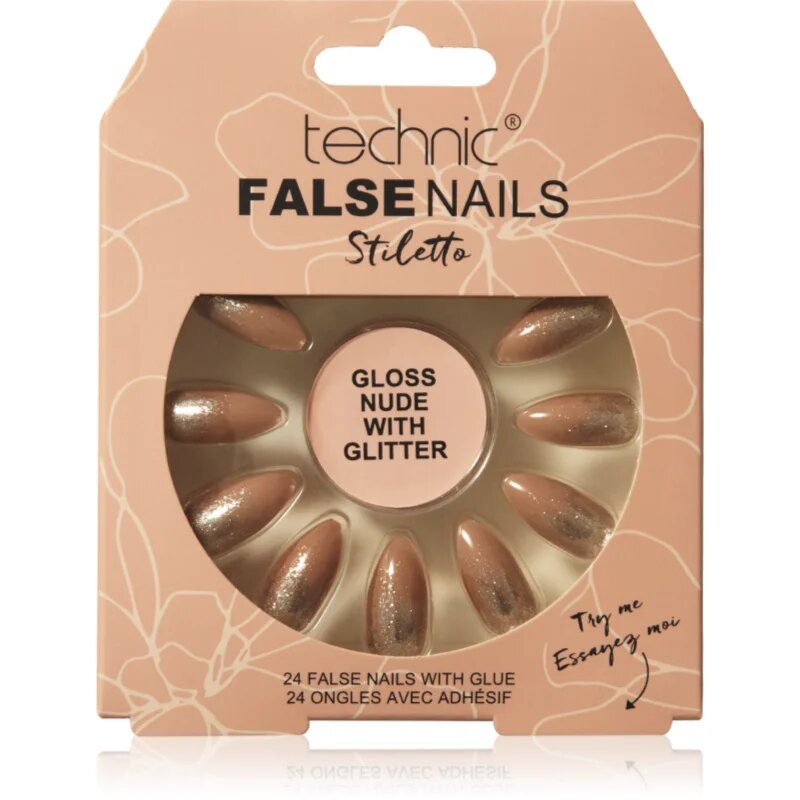 Technic Cosmetics False Nails Stiletto unghii artificiale Gloss Nude with Glitter 24 buc