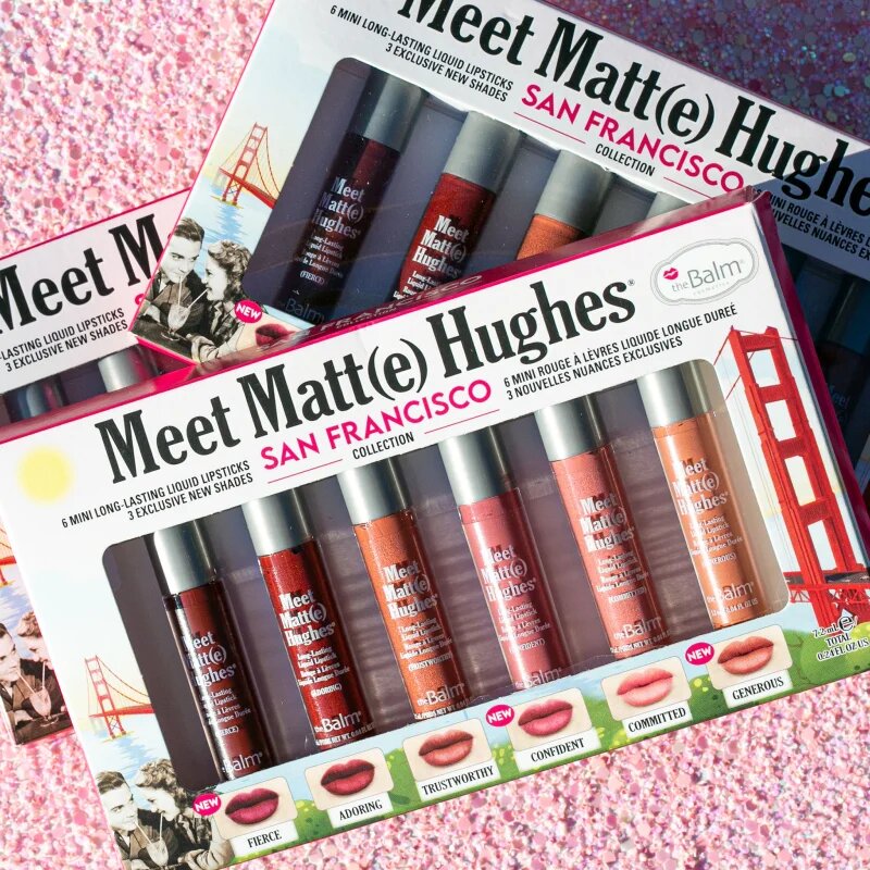 theBalm Meet Matt(e) Hughes Mini Kit San Francisco set de rujuri lichide pentru un efect de lunga durata 6 buc