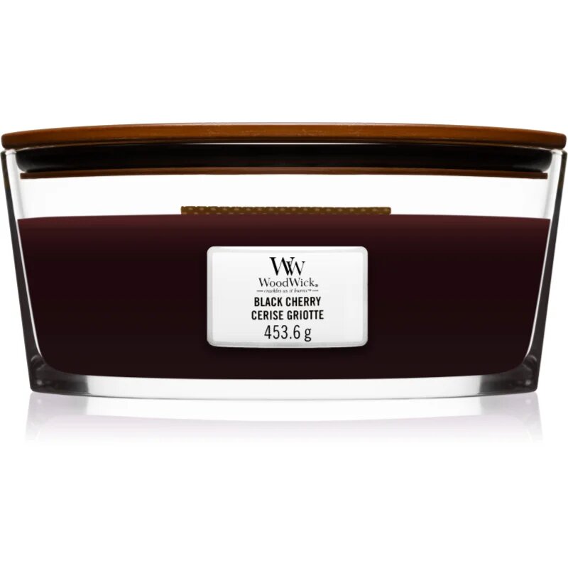 Woodwick Black Cherry lumânare parfumată cu fitil din lemn (hearthwick) 453 g