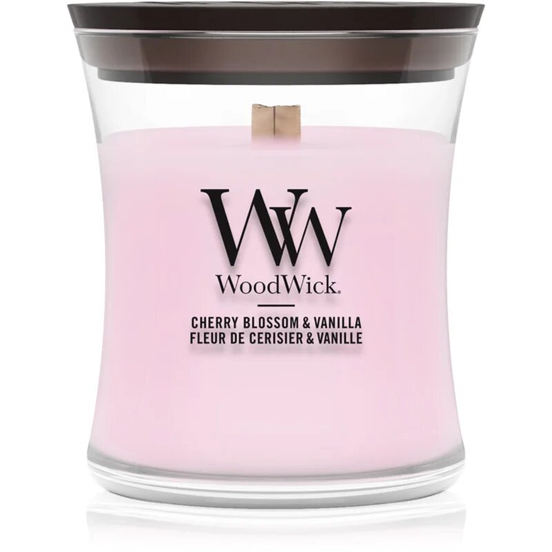 Woodwick Cherry Blossom & Vanilla lumânare parfumată cu fitil din lemn 85 g