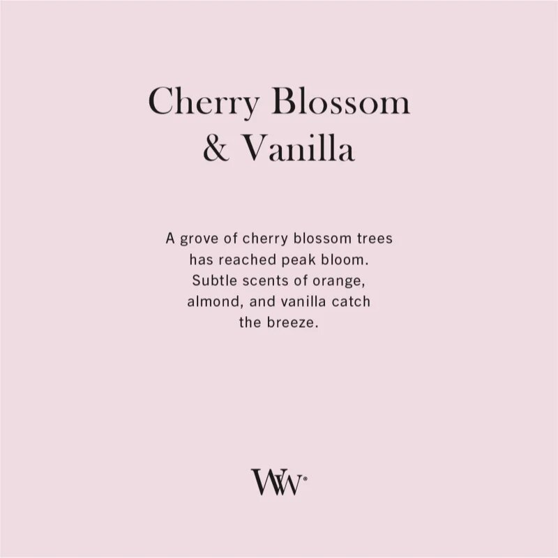 Woodwick Cherry Blossom & Vanilla lumânare parfumată cu fitil din lemn 85 g