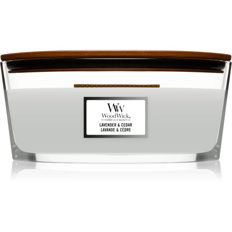 Woodwick Lavender & Cedar lumânare parfumată cu fitil din lemn (hearthwick) 453.6 g