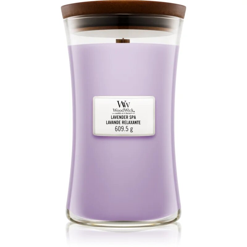 Woodwick Lavender Spa lumânare parfumată cu fitil din lemn 609.5 g