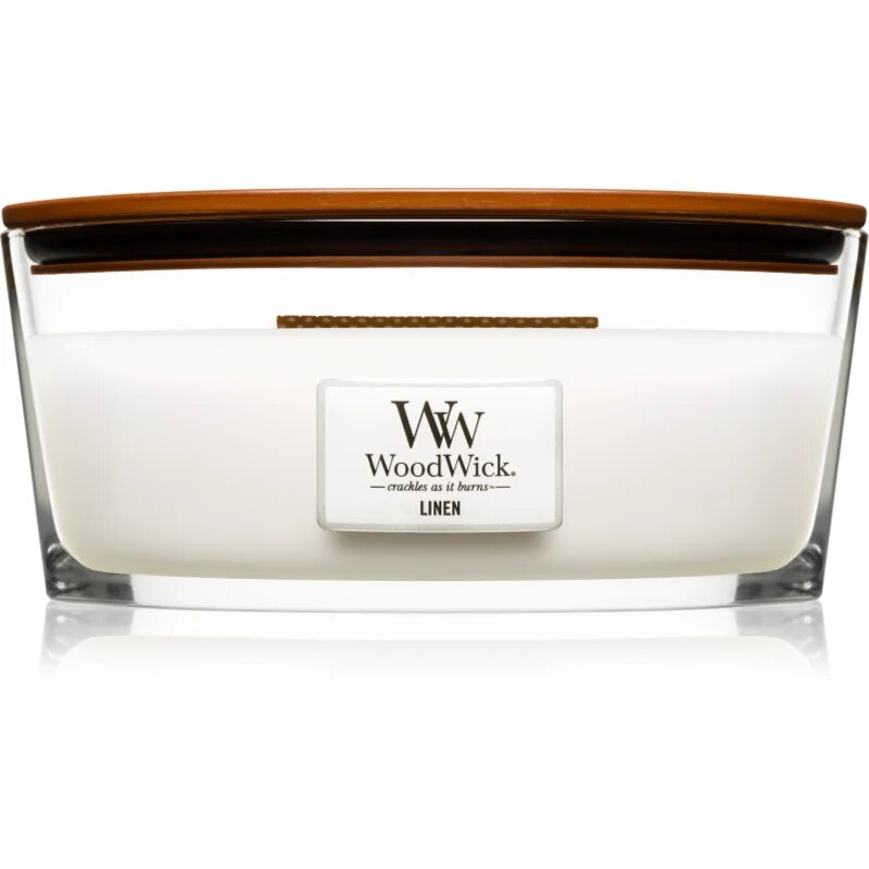 Woodwick Linen lumânare parfumată cu fitil din lemn (hearthwick) 453.6 g