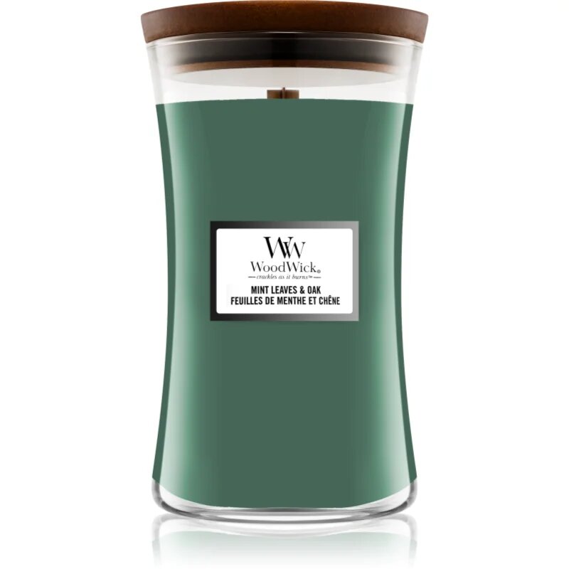 Woodwick Mint Leaves & Oak lumânare parfumată cu fitil din lemn 609.5 g