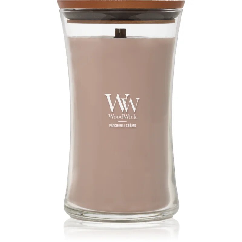 Woodwick Opulent Wood Patchouli Creme lumânare parfumată cu fitil din lemn 609.5 g