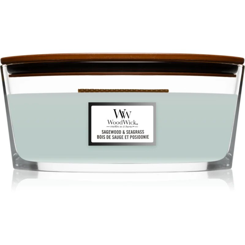 Woodwick Sagewood & Seagrass lumânare parfumată cu fitil din lemn (hearthwick) 4536 g