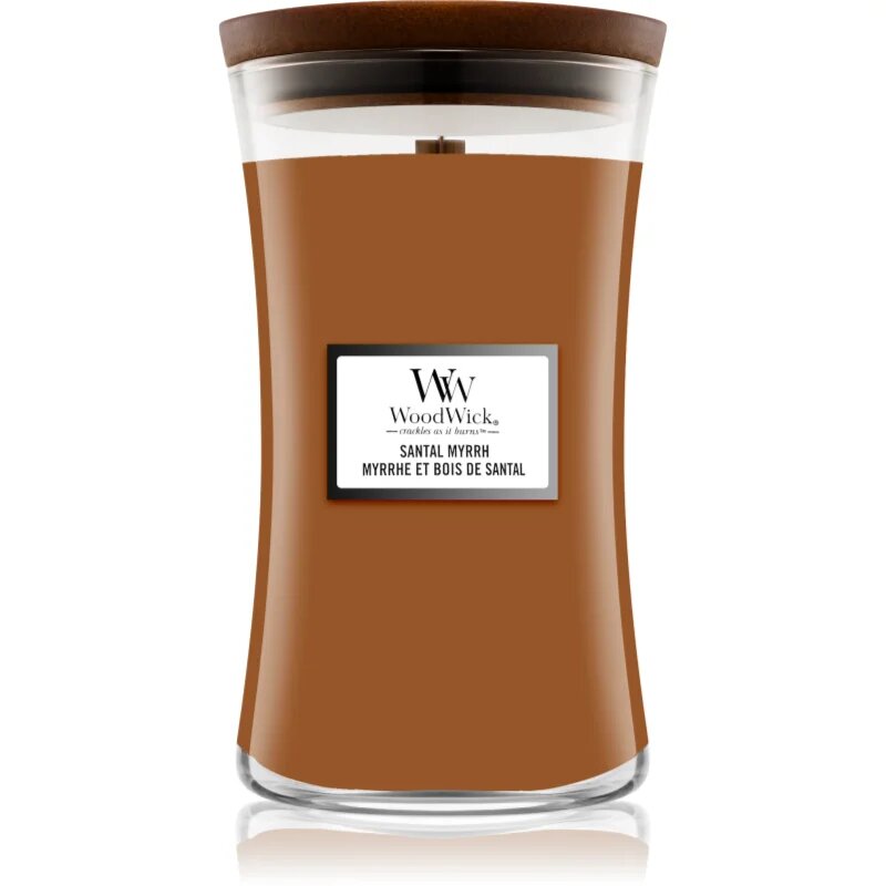 Woodwick Santal Myrrh lumânare parfumată cu fitil din lemn 610 g
