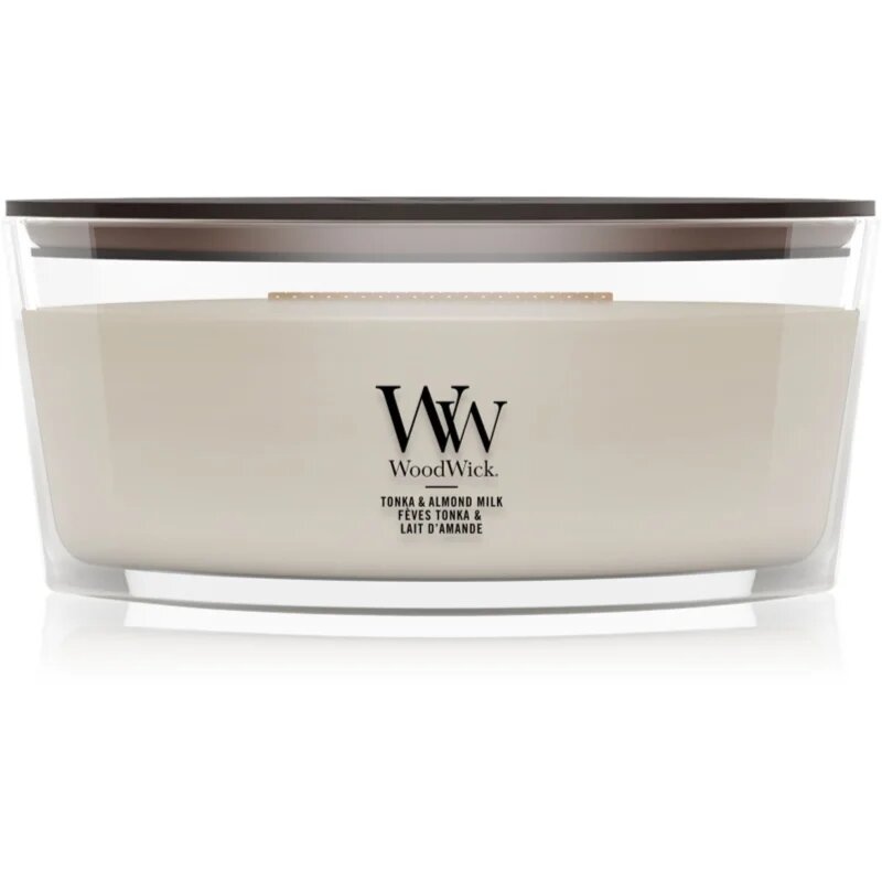 Woodwick Tonka & Almond Milk lumânare parfumată cu fitil din lemn 453.6 g
