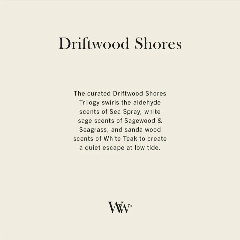 Woodwick Trilogy Driftwood Shores lumânare parfumată cu fitil din lemn 275 g