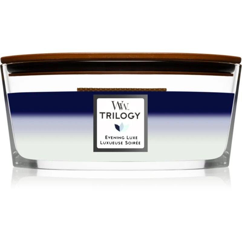 Woodwick Trilogy Evening Luxe lumânare parfumată cu fitil din lemn (hearthwick) 453.6 g