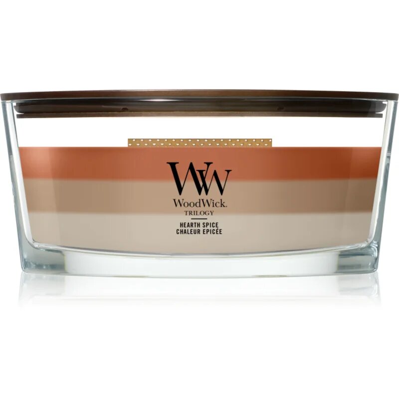 Woodwick Trilogy Hearth Spice lumânare parfumată cu fitil din lemn 453.6 g