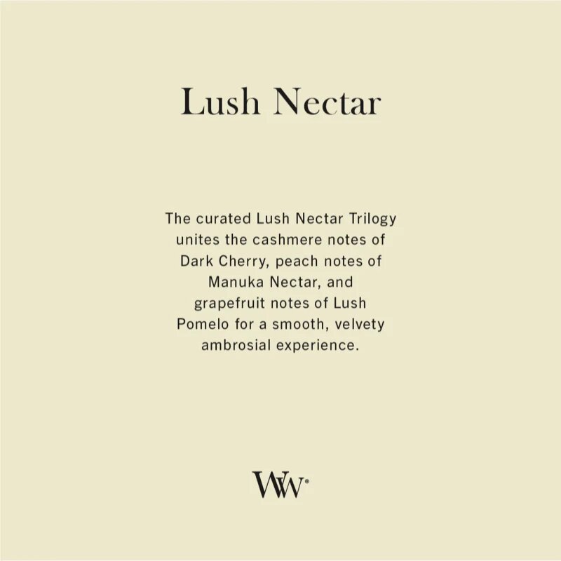 Woodwick Trilogy Lush Nectar lumânare parfumată cu fitil din lemn 275 g