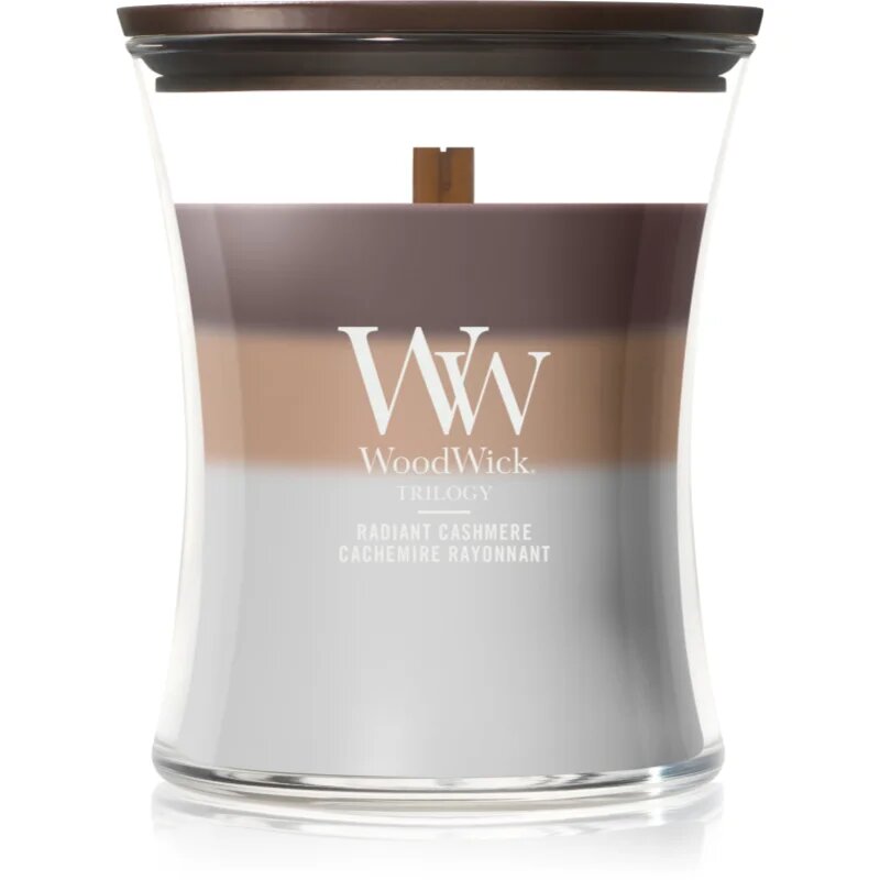 Woodwick Trilogy Radiant Cashmere lumânare parfumată cu fitil din lemn 275 g