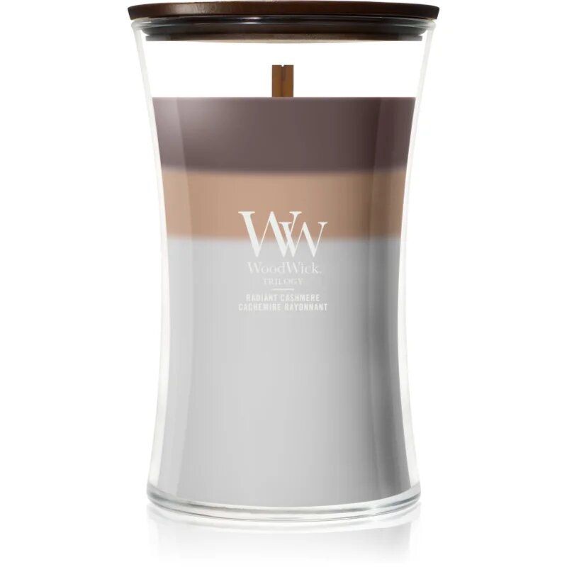 Woodwick Trilogy Radiant Cashmere lumânare parfumată cu fitil din lemn 610 g