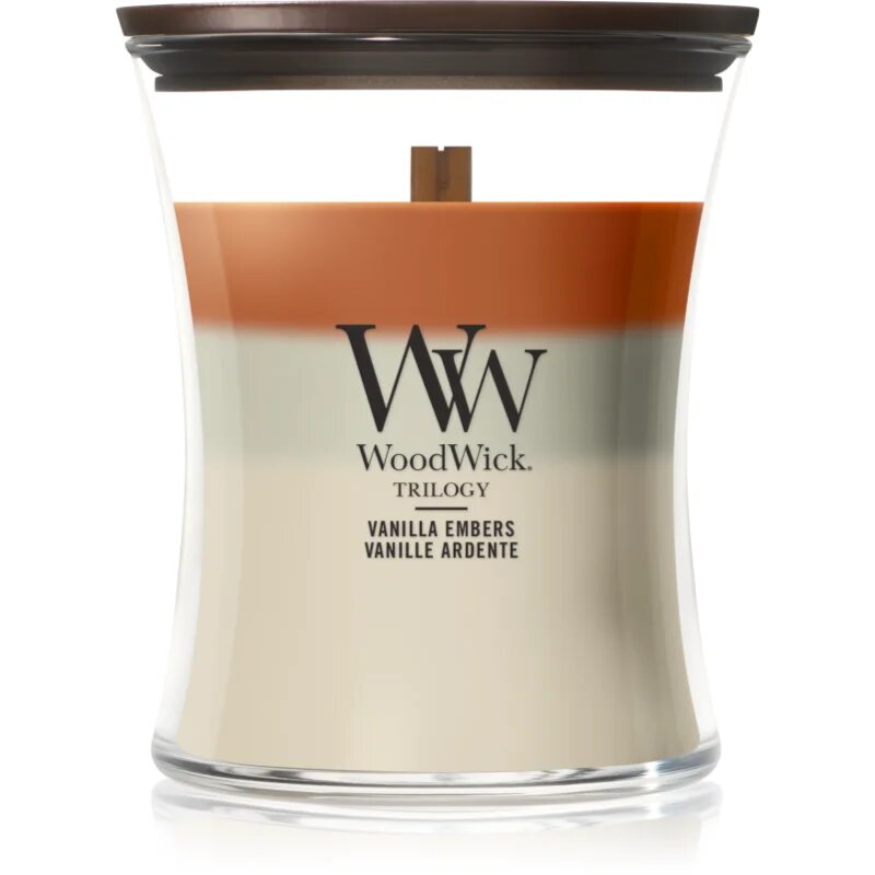 Woodwick Trilogy Vanilla Embers lumânare parfumată cu fitil din lemn 275 g
