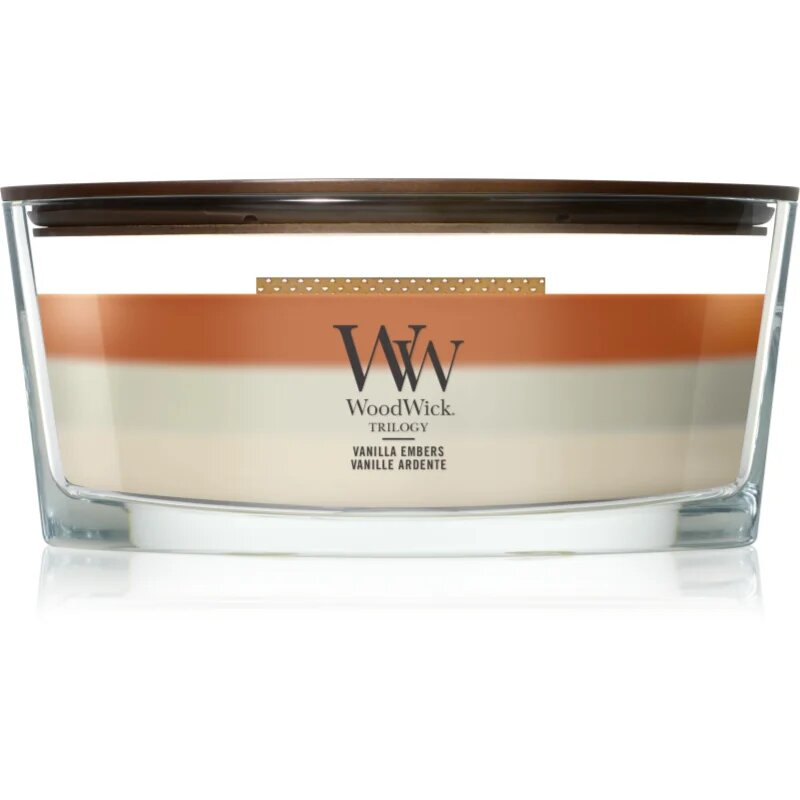 Woodwick Trilogy Vanilla Embers lumânare parfumată cu fitil din lemn 453.6 g