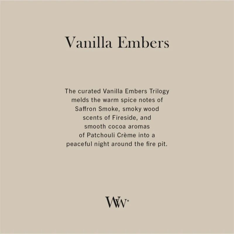 Woodwick Trilogy Vanilla Embers lumânare parfumată cu fitil din lemn 453.6 g