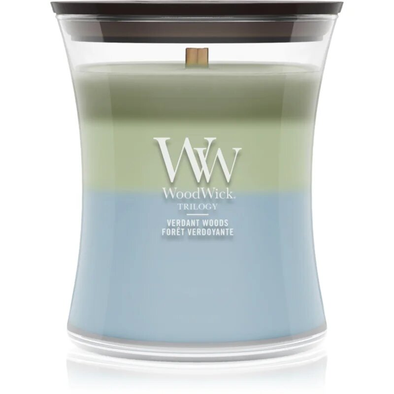 Woodwick Trilogy Verdant Woods lumânare parfumată cu fitil din lemn 275 g