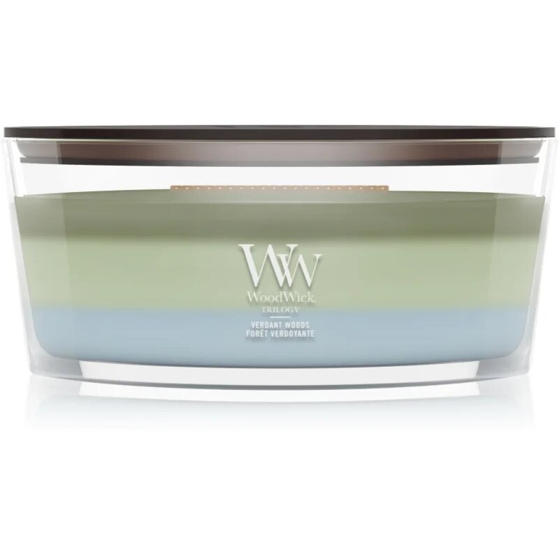 Woodwick Trilogy Verdant Woods lumânare parfumată cu fitil din lemn 453.6 g
