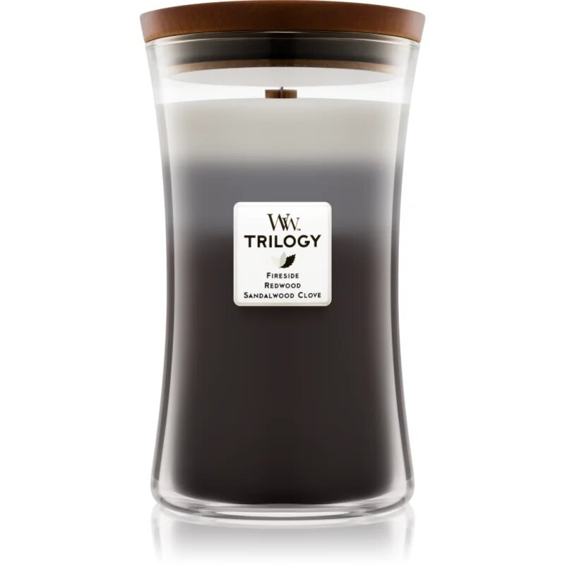 Woodwick Trilogy Warm Woods lumânare parfumată cu fitil din lemn 609.5 g