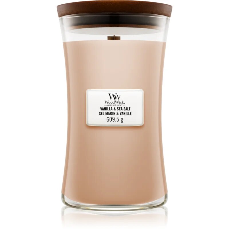 Woodwick Vanilla & Sea Salt lumânare parfumată cu fitil din lemn 609.5 g