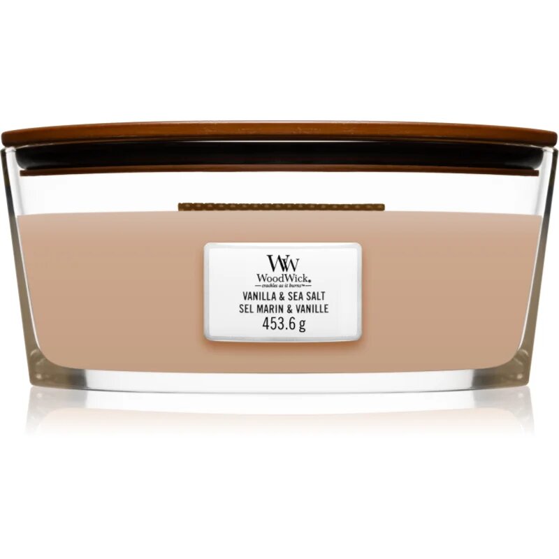 Woodwick Vanilla & Sea Salt lumânare parfumată cu fitil din lemn (hearthwick) 453.6 g