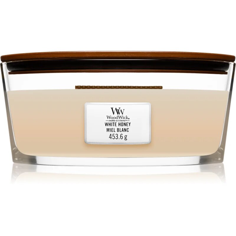 Woodwick White Honey lumânare parfumată cu fitil din lemn (hearthwick) 453 g