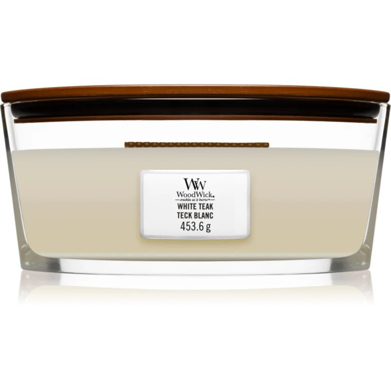 Woodwick White Teak lumânare parfumată cu fitil din lemn (hearthwick) 453.6 g