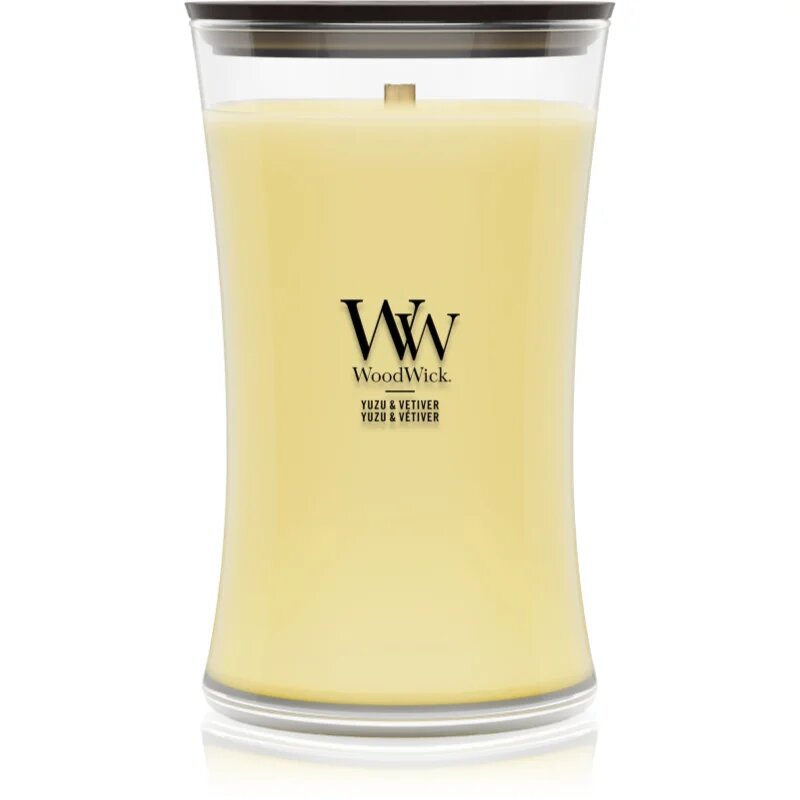 Woodwick Yuzu & Vetiver lumânare parfumată cu fitil din lemn 610 g