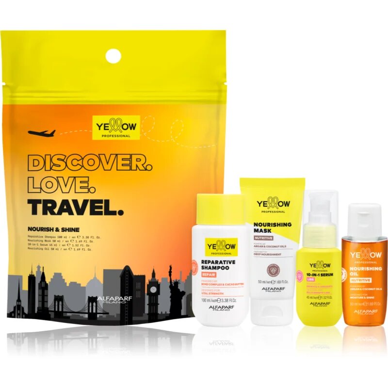 Yellow Professional Discover.Love.Travel. Shine Kit Seturi pentru voiaj pentru păr uscat și fragil
